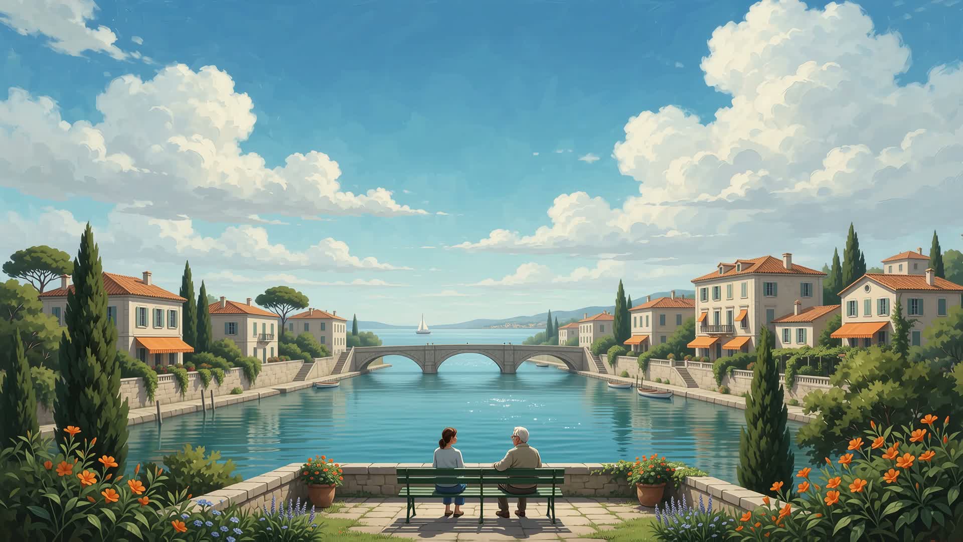 Two generations overlooking Lifecor’s sunlit river town, with orange awnings, gardens and a stone bridge