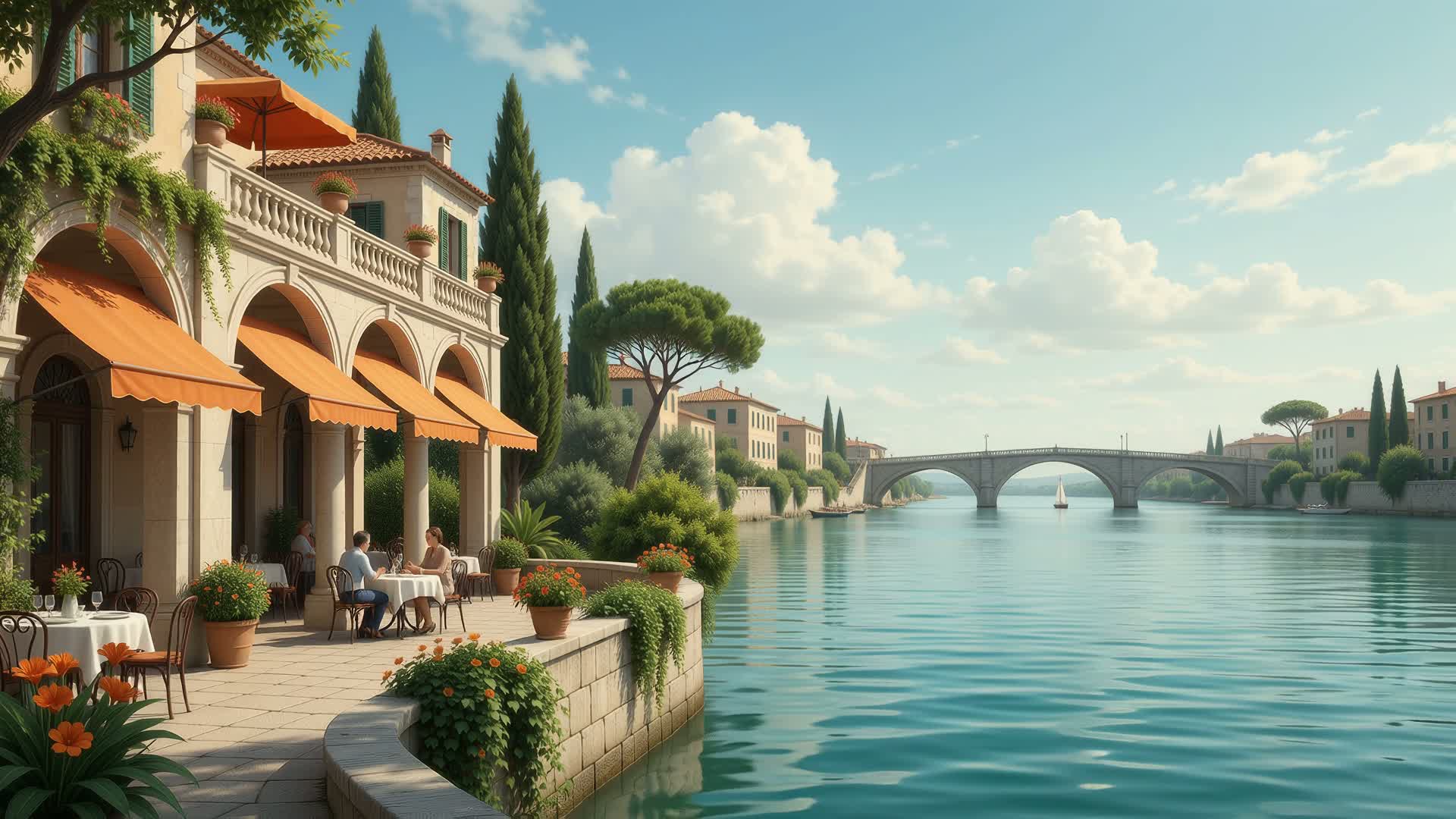 An illustrated riverside courtyard with a stone arcade, orange awnings and two people meeting beside the water