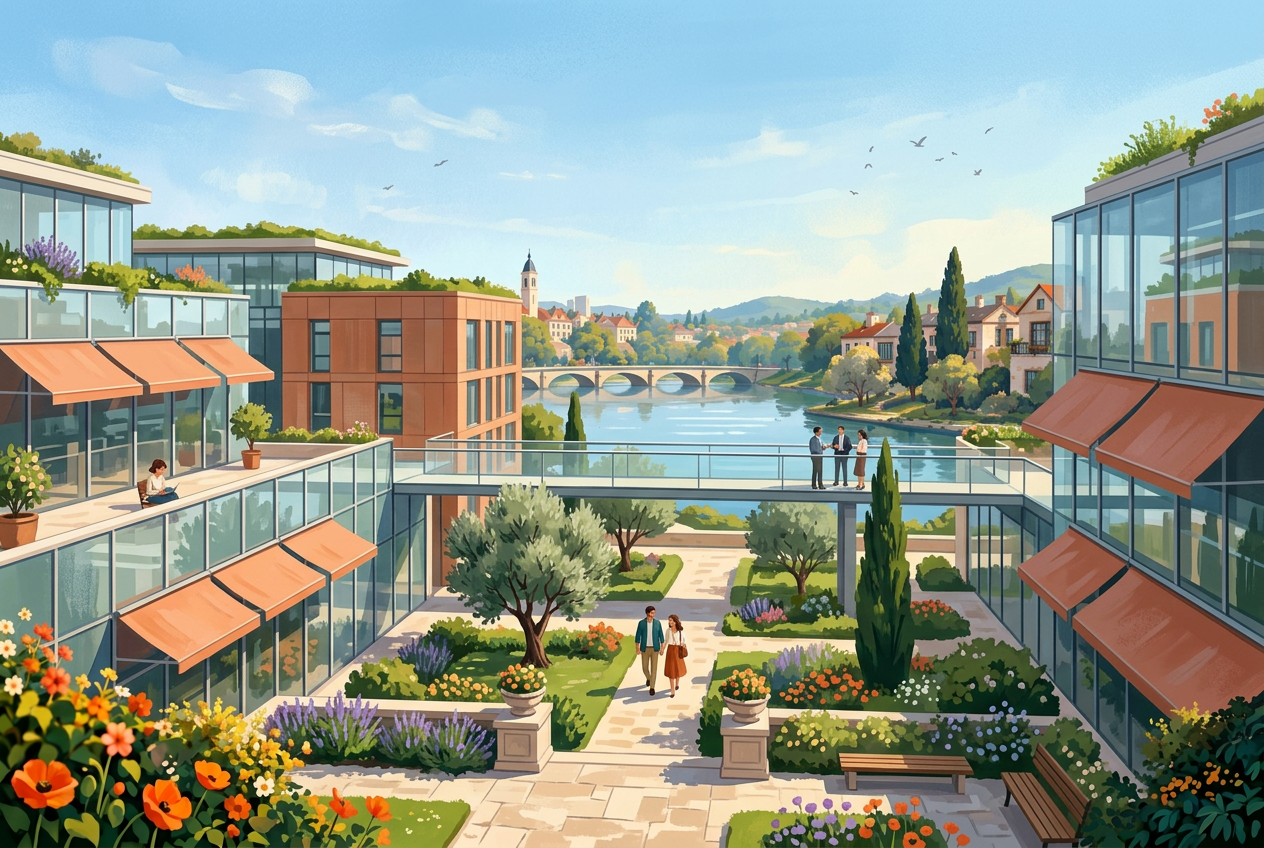 A garden courtyard linking a family of riverside buildings