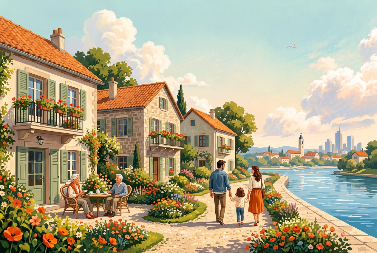 A family walking beside the river, with grandparents at home nearby